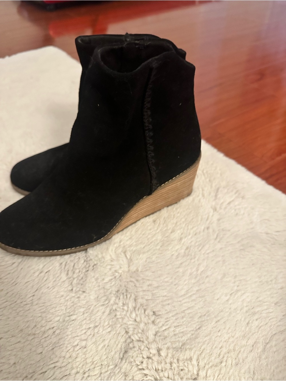 Toms Black Suede Ankle Wedge Booties with Wood-Look Heel